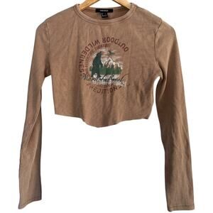 Forever 21 Cropped Ribbed Long Sleeve Graphic Top Size L Brown Nature Print